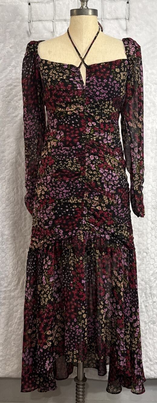 ASTR The Label Midi Dress Athena Floral Ruched Ruffled V Wire Women’s M Slim Fit
